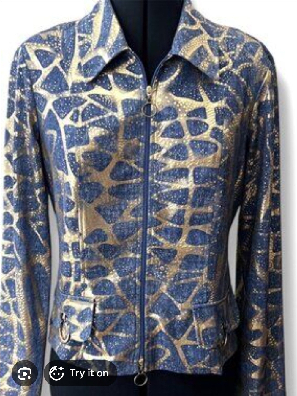Joseph Ribkoff Vintage Blue and Gold Patterned Zip-Front Jacket Size 4